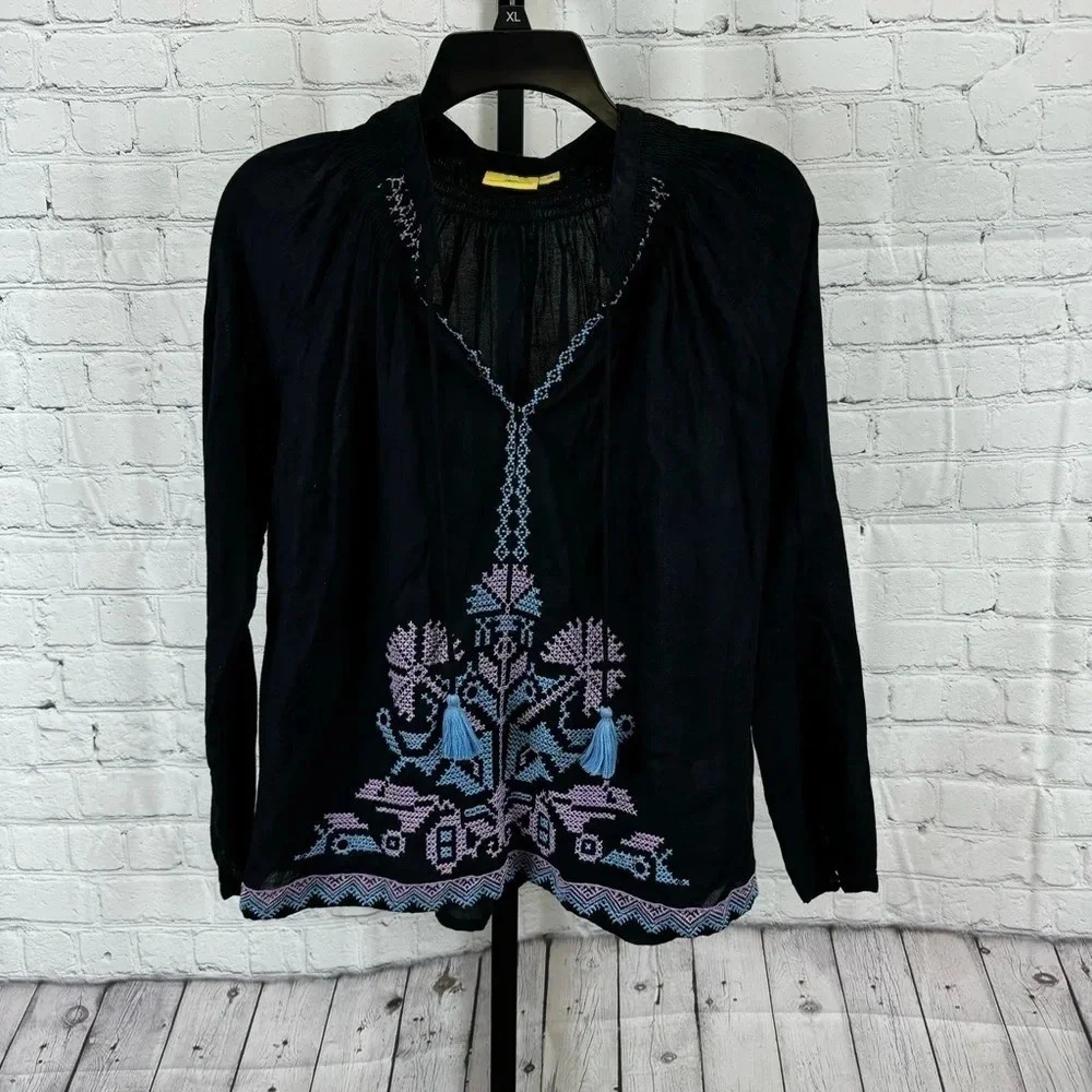 Roberta Roller Rabbit Black Embroidered Boho Top Size XS